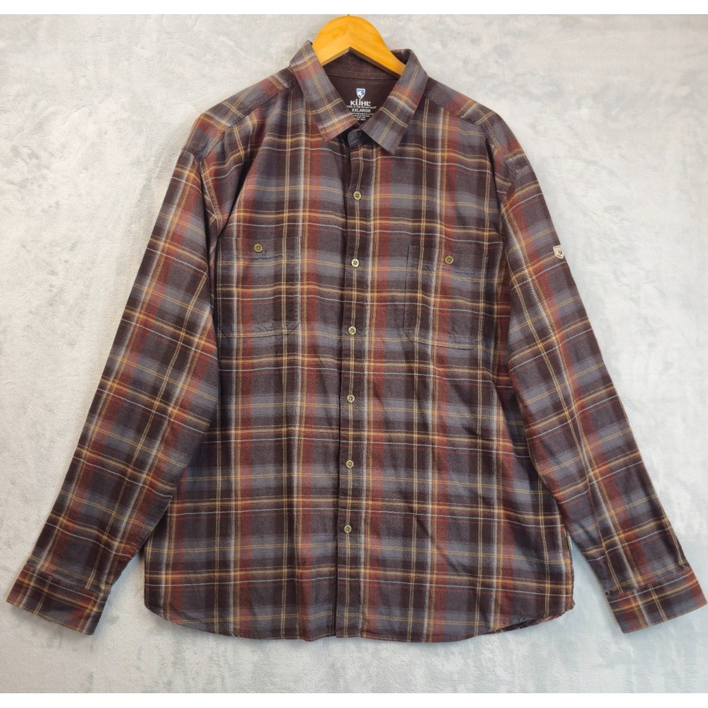 Kuhl Fugitive Flannel Shirt Mens XXL Work Plaid Long Sleeve Brown Button Hiking